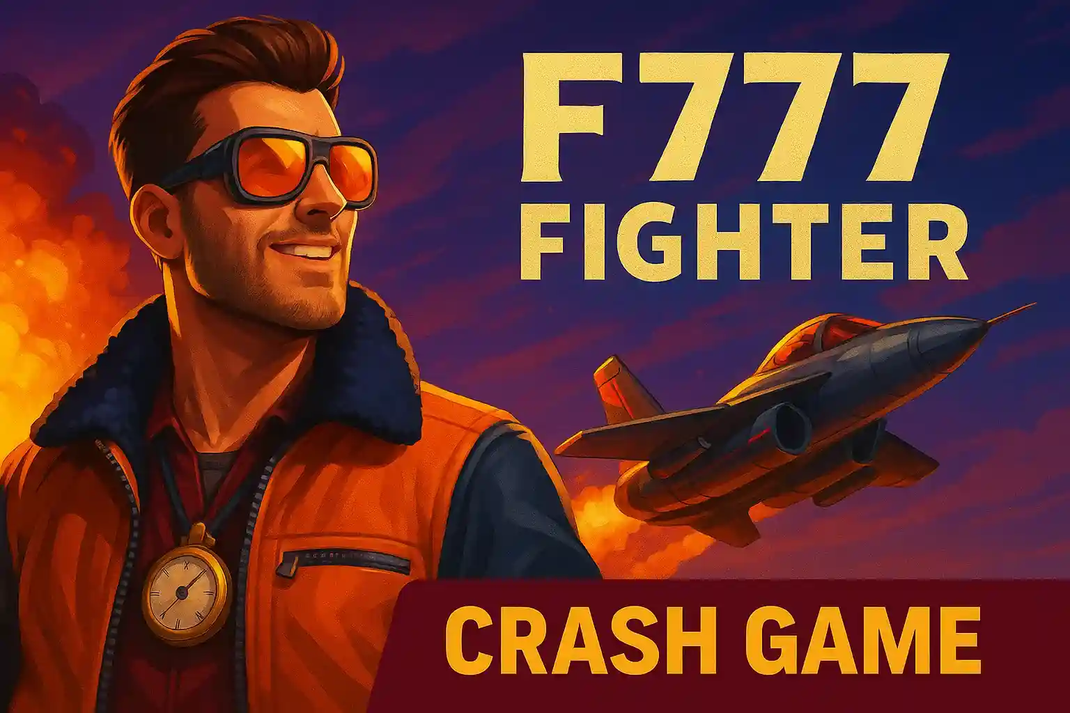 F777 Fighter crash game promotional image featuring smiling pilot in orange flight suit with military jet aircraft