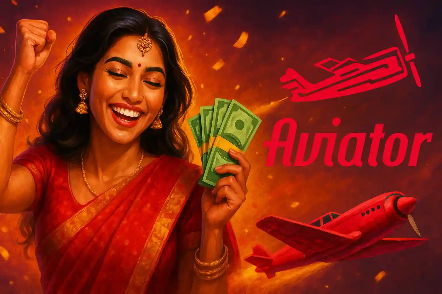 Excited woman in red sari holding cash money with Aviator game logo and jet planes in the background
