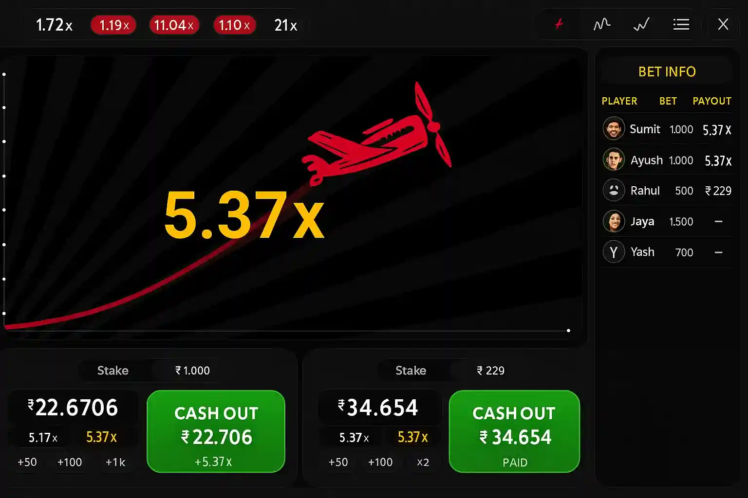 Live crash game interface showing 5.37x multiplier with red airplane, player bet information, and cash out options