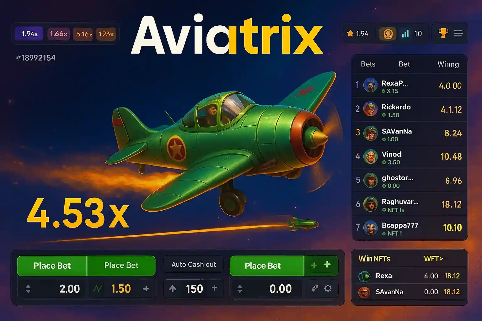Aviatrix crash game logo with stylized green vintage aircraft against purple and orange sky background