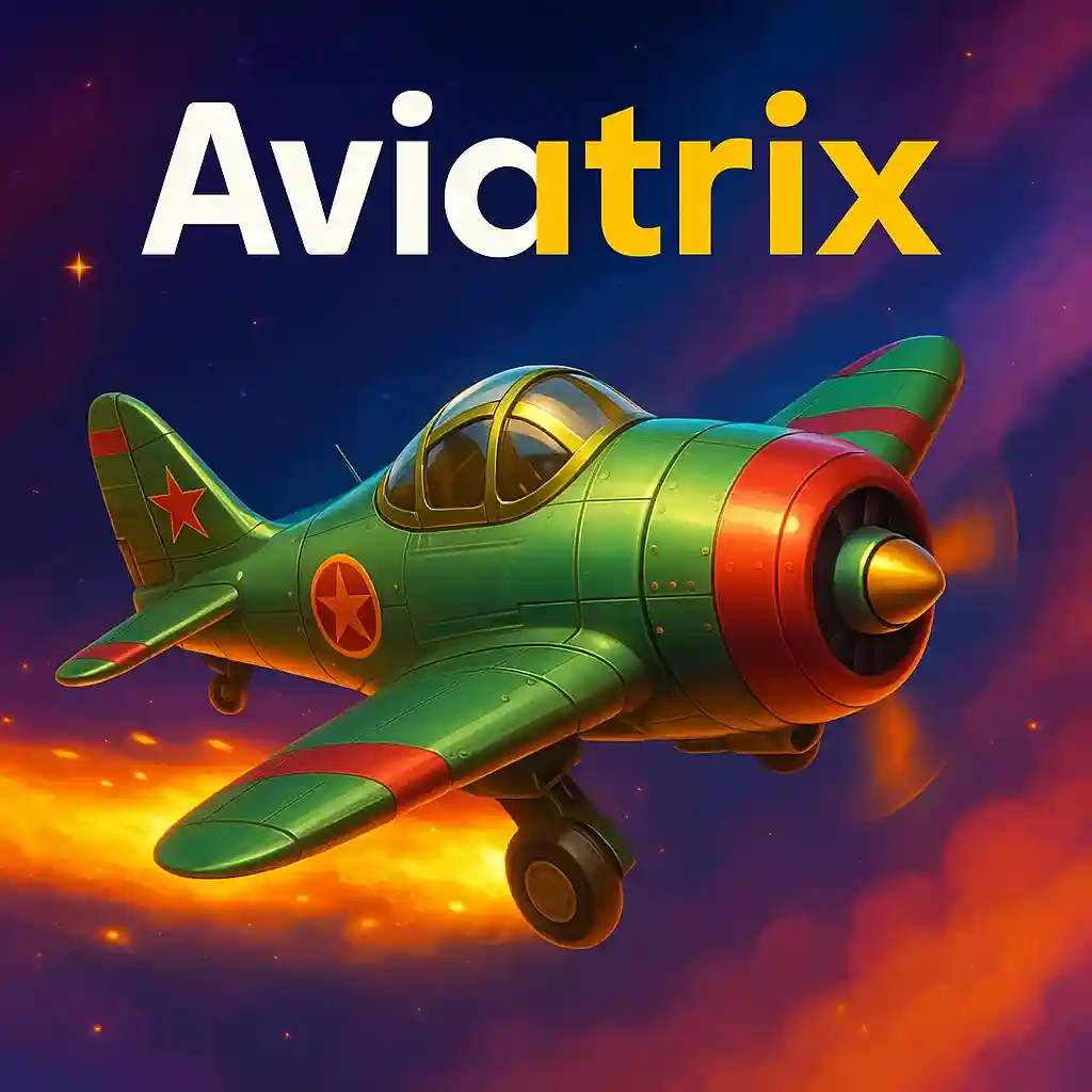Aviatrix crash game logo with stylized green vintage aircraft against purple and orange sky background