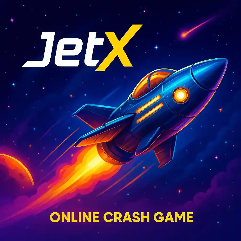 JetX online crash game logo featuring a blue rocket ship with flames against a starry space background