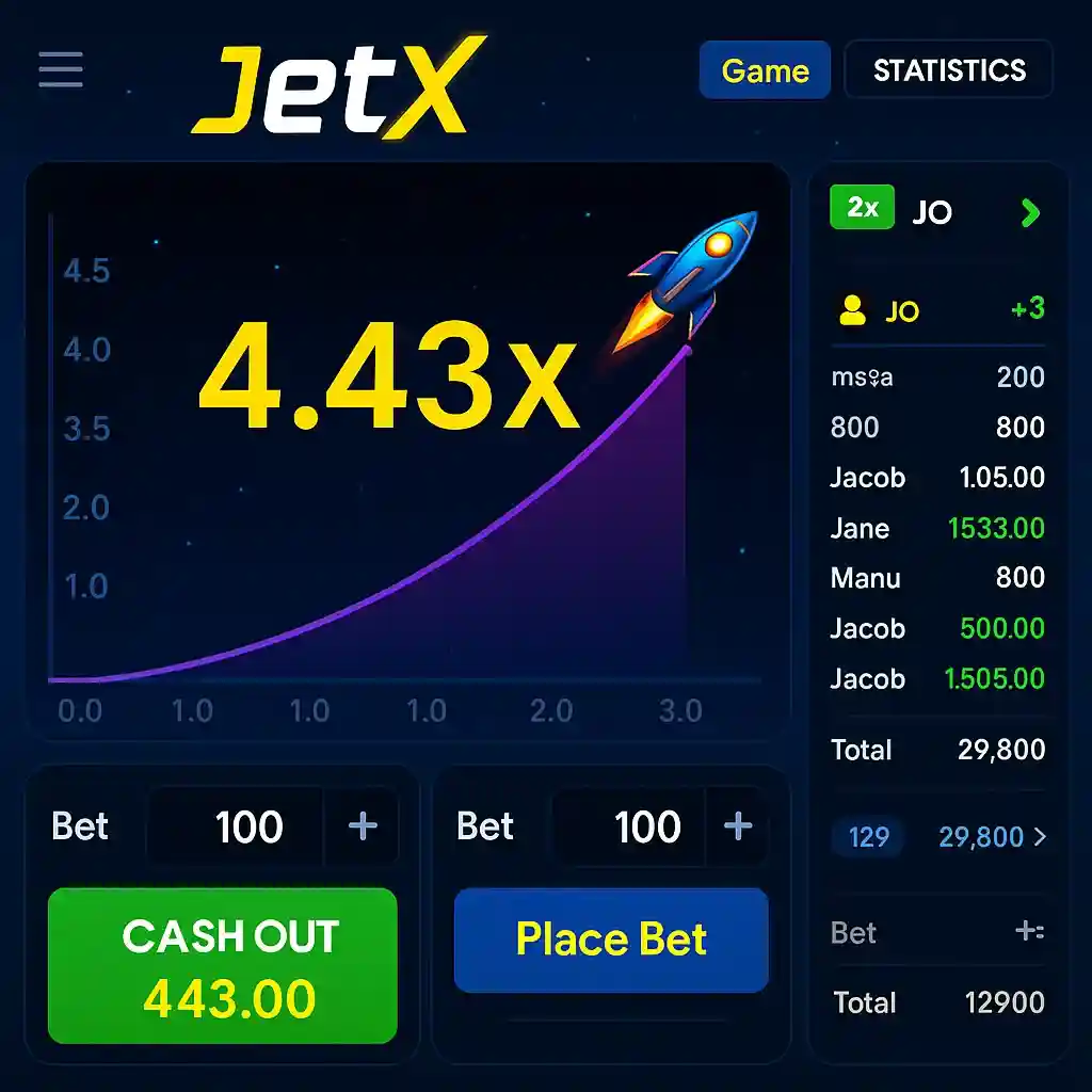 JetX crash game playing interface showing 4.43x multiplier with rocket, betting options, and player statistics panel