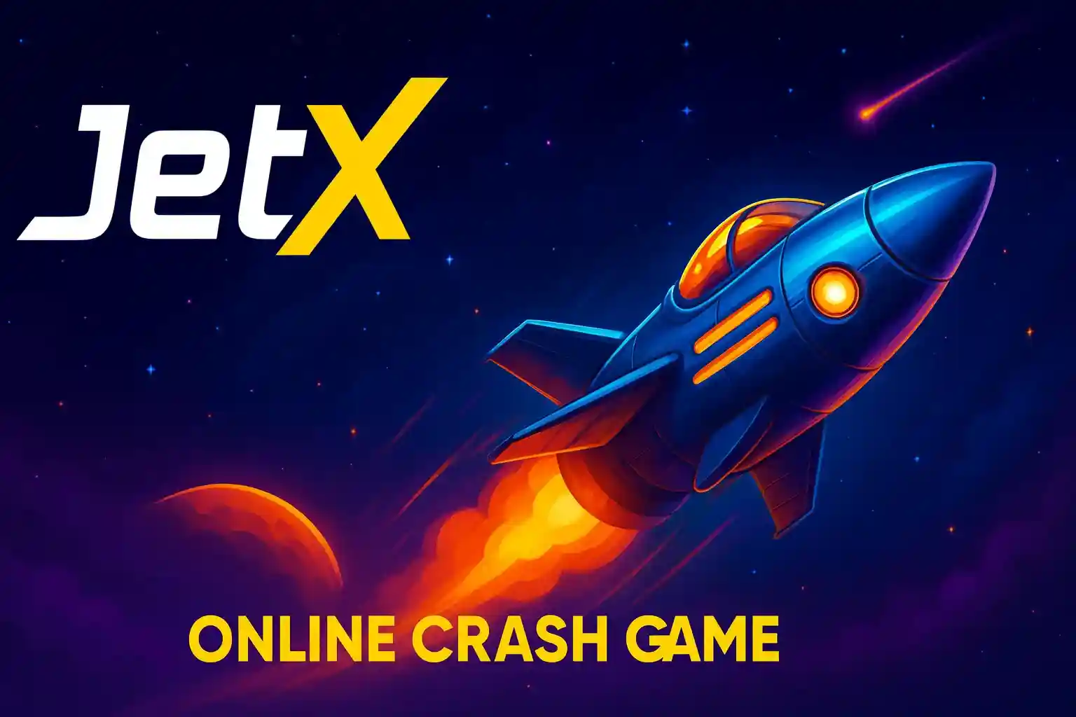JetX online crash game promotional banner featuring blue rocket ship with orange flames flying through starry space with meteor, game logo and ONLINE CRASH GAME text