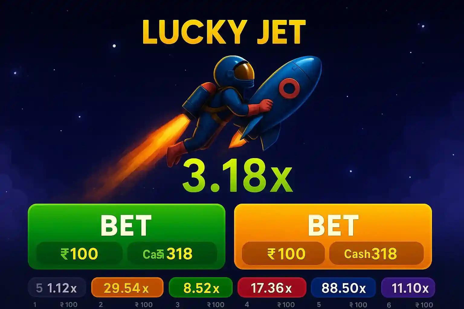 Lucky Jet crash game showing 3.18x multiplier with blue rocket and astronaut, plus betting options and recent multiplier history